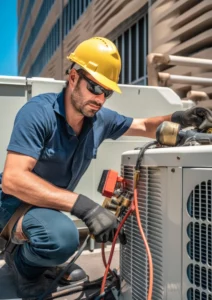 Technicien qui entretient une pompe à chaleur